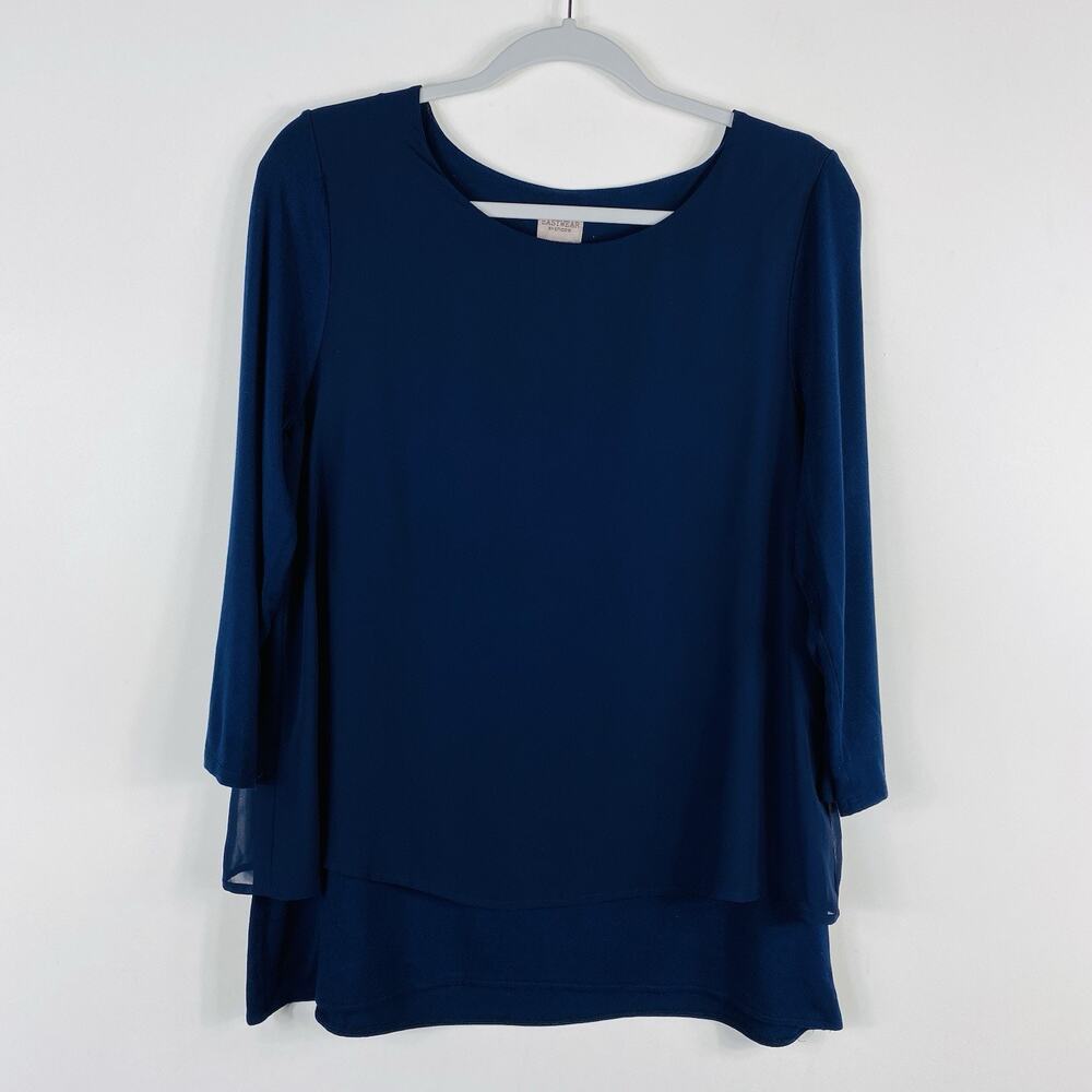 Chico's Top Medium 1 8 Navy Blue Easywear Layered 3/4 Sleeve Stretch Casual